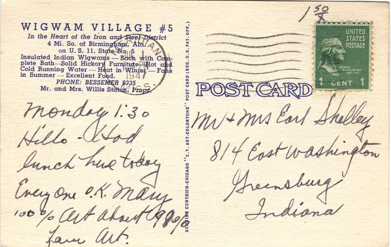 Postcard Back - Wigwam Village, Bessemer