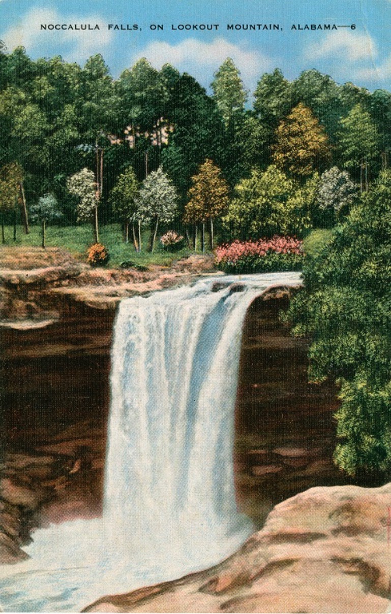 Color print of Noccalula Falls located near Gadsden, Alabama. Postmarked March 8, 1913.