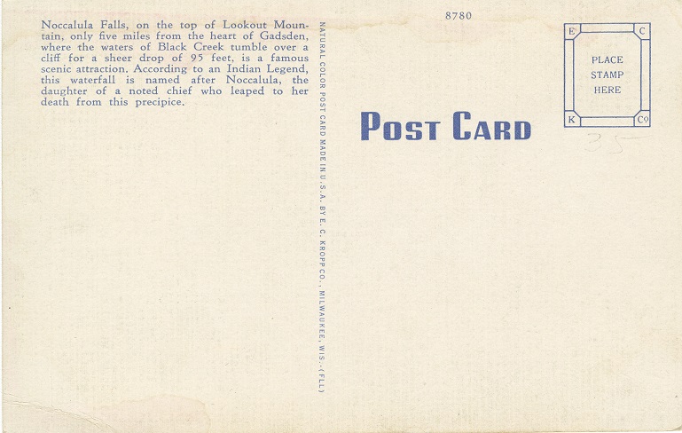 Postcard Back - Noccalula Falls Park, Gadsden