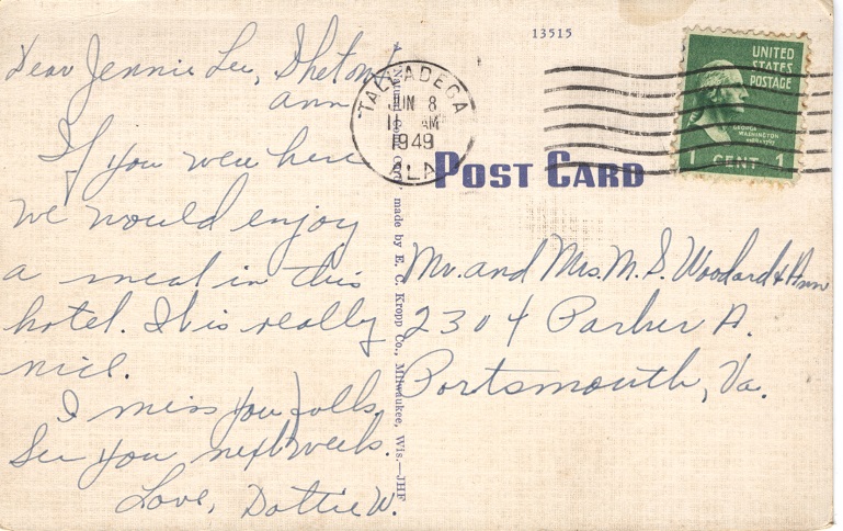 Postcard Back - Purefoy Hotel, Talladega