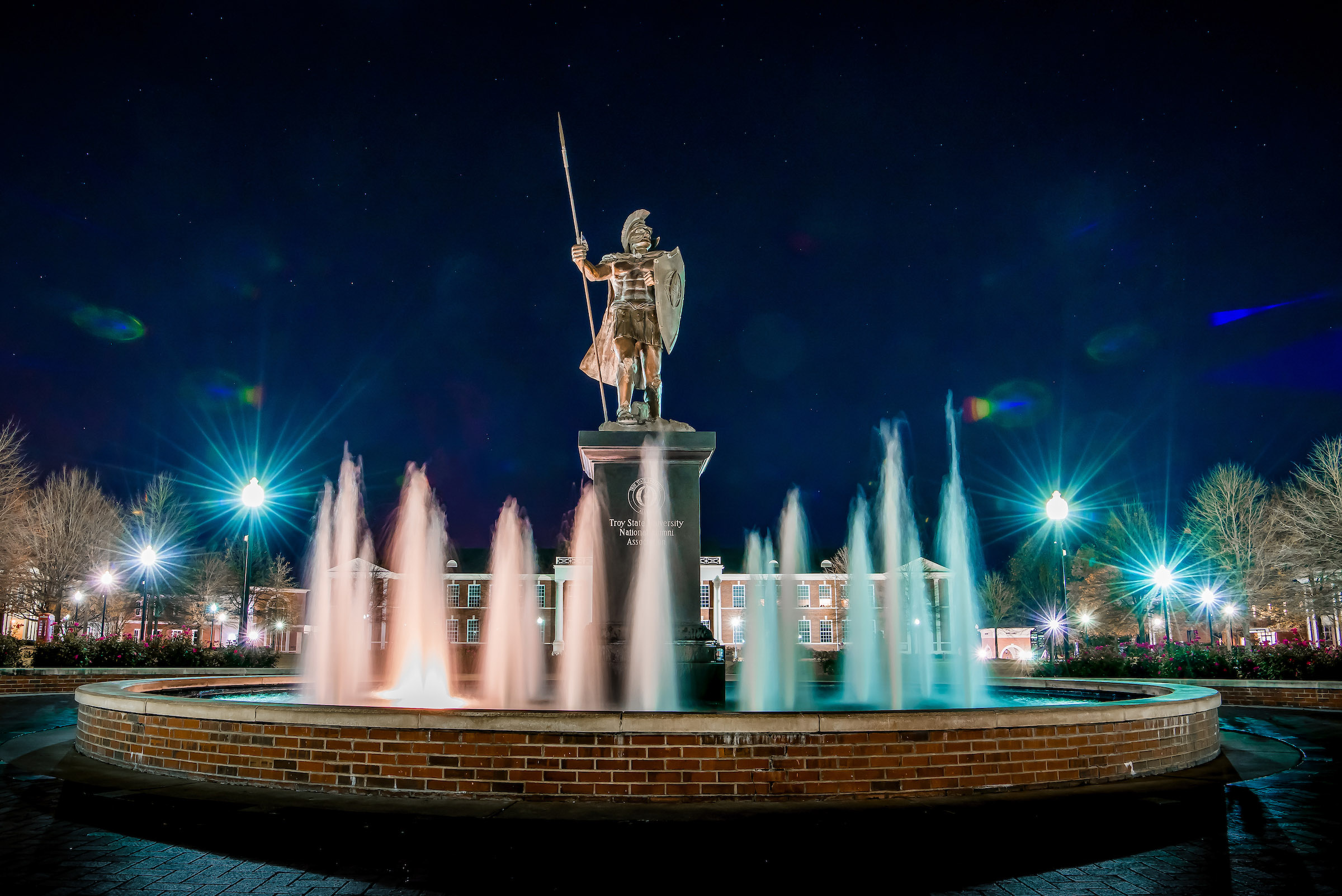 Trojan Warrior statue and fountain on the Troy Campus