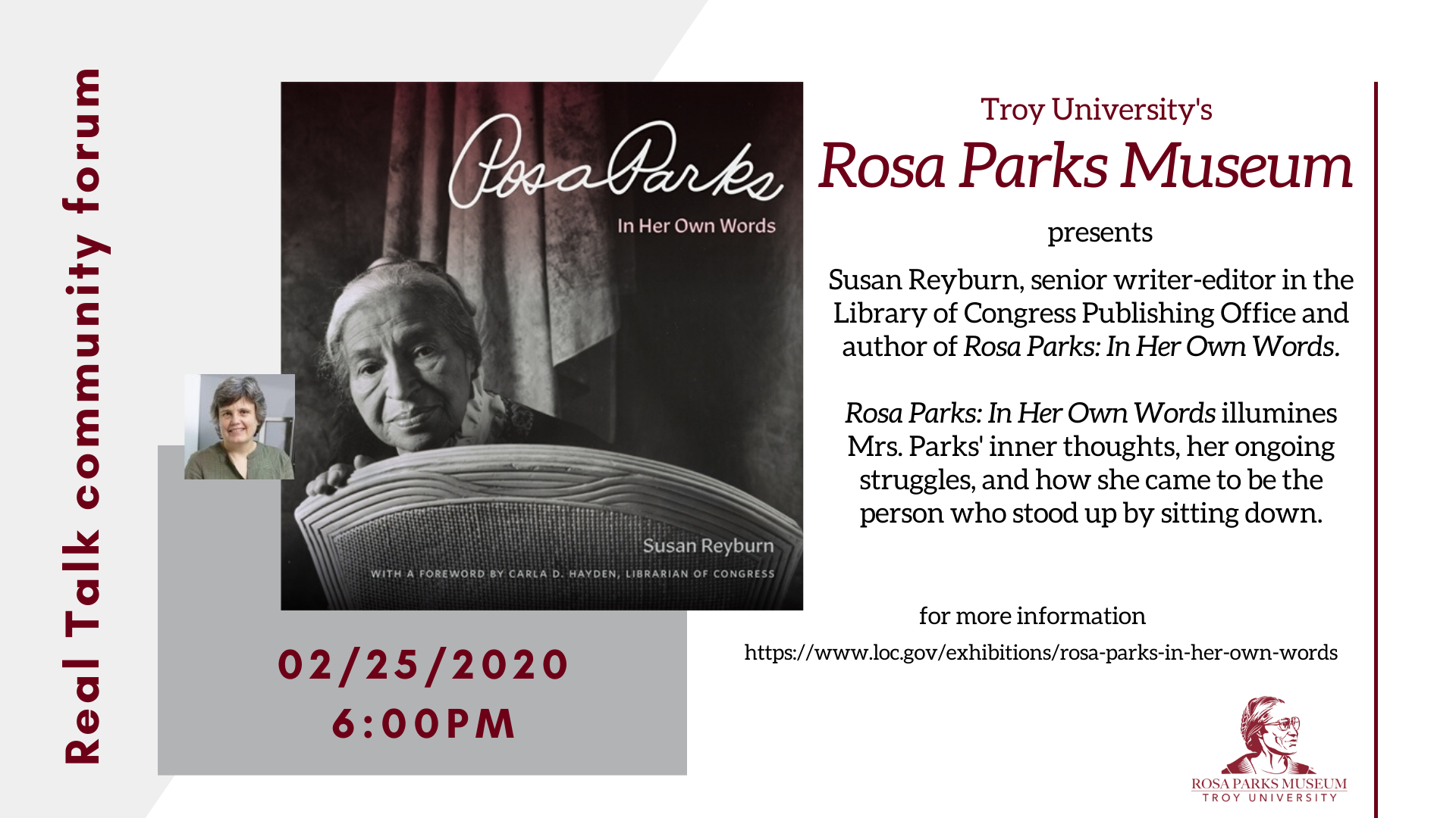 Rosa Parks: In Her Own Words by Susan Reyburn.  Book Talk, Feb. 25 at 6:00PM