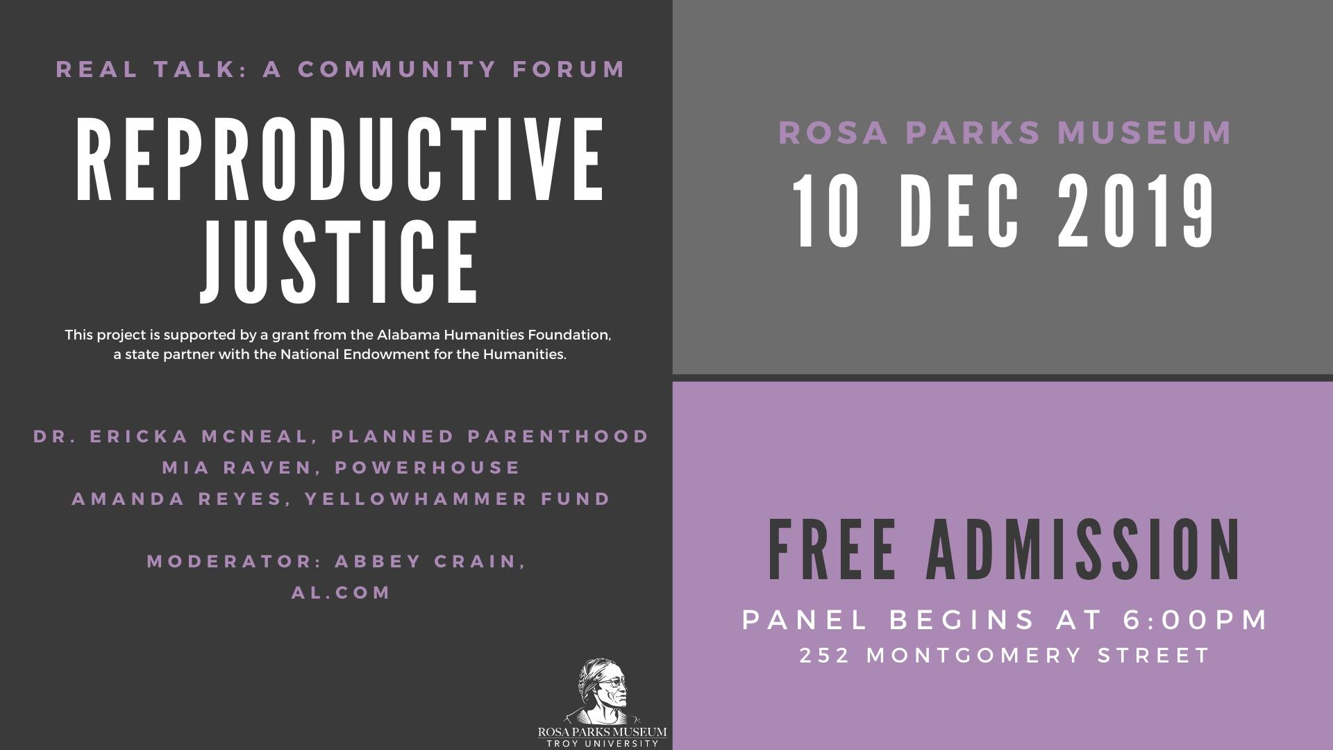 Real Talk Community Forum, Reproductive Justice, December 10, 2019 at 6:00PM, Rosa Parks Museum 