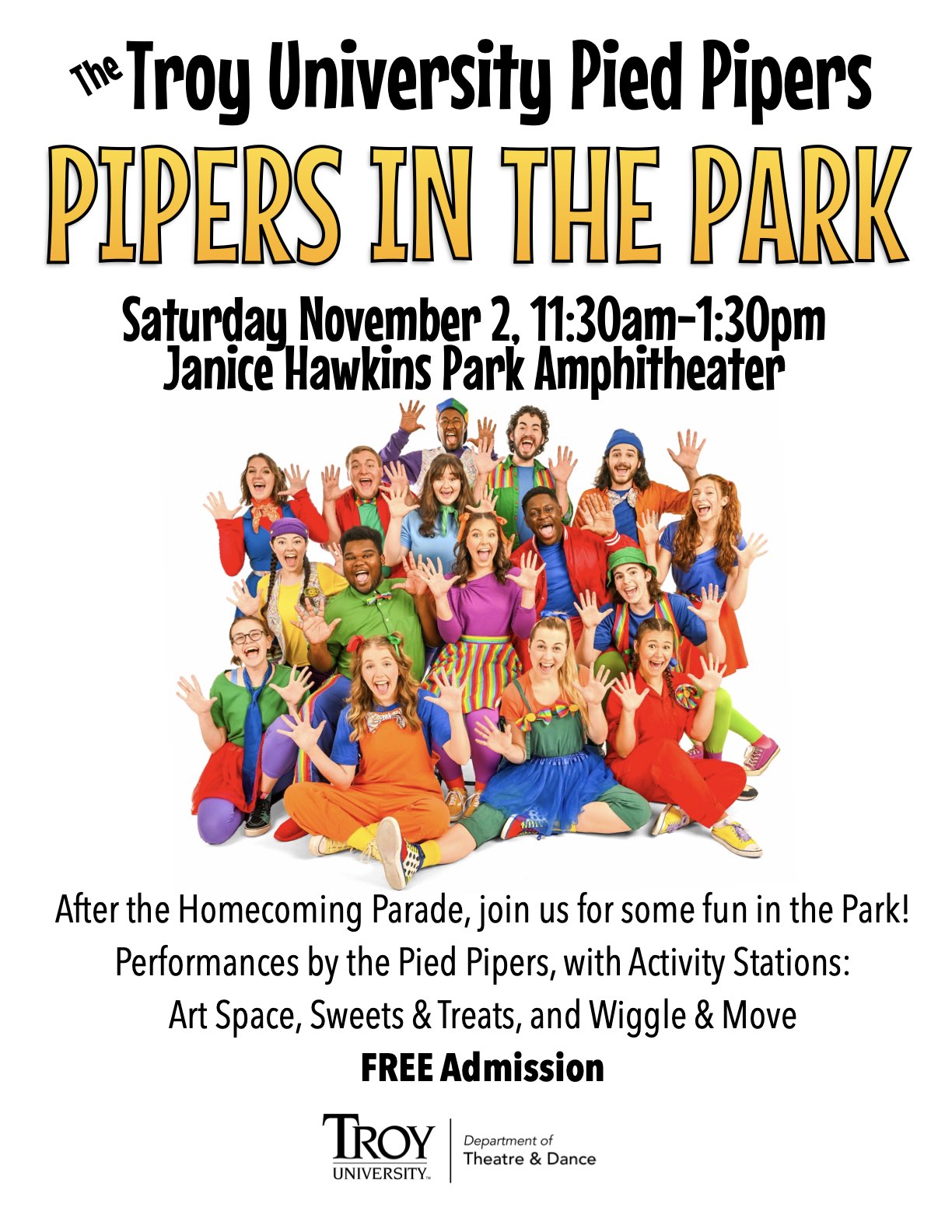 An advertisement for Pipers in the Park with a picture of the colorful group of performers with big smiles