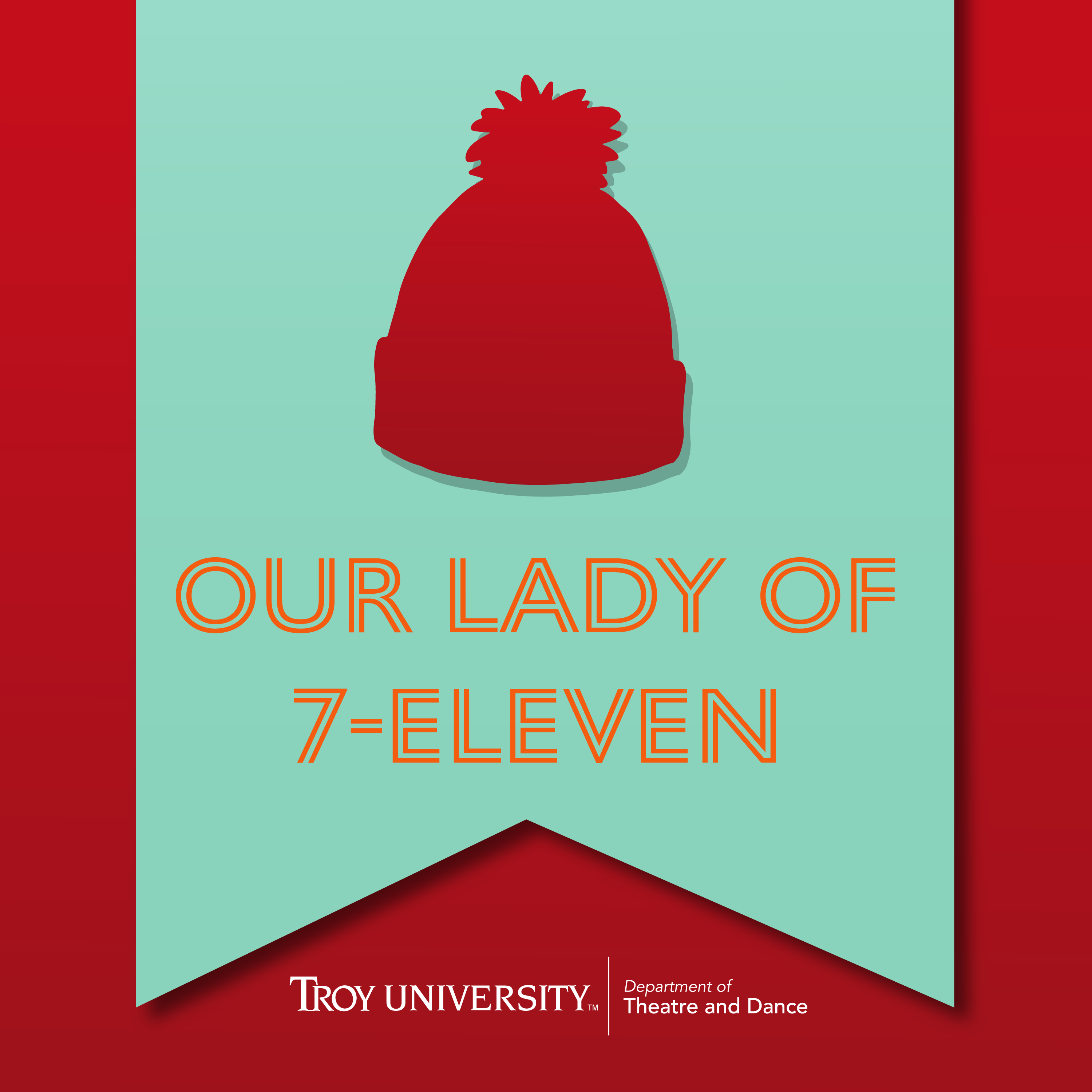 A red and mint green tile featuring a banner for Our Lady of 7-Eleven