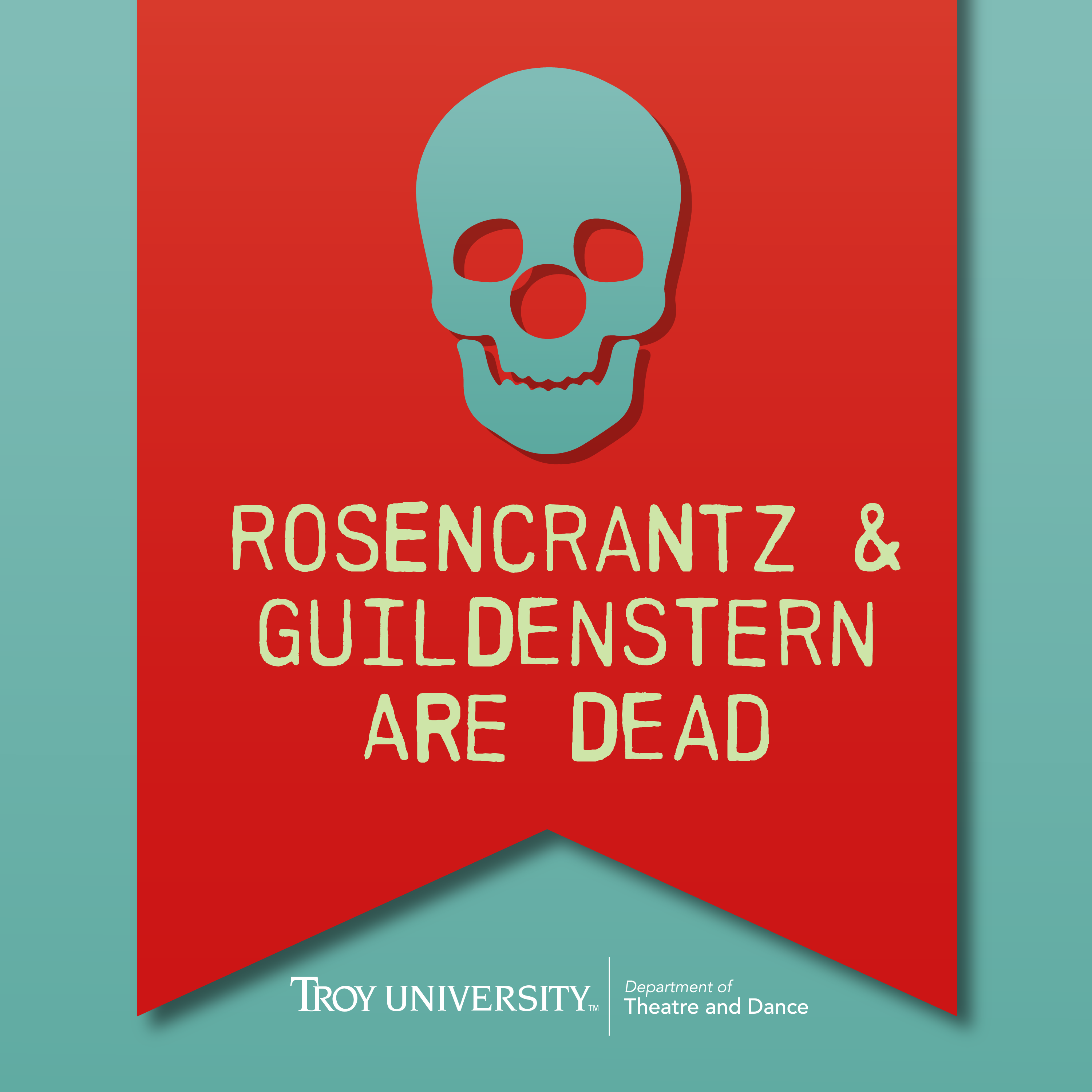 A green and red tile featuring a banner for Rosencrantz and Guildenstern are Dead