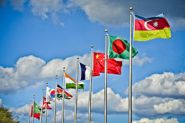 Close up view of international flags.
