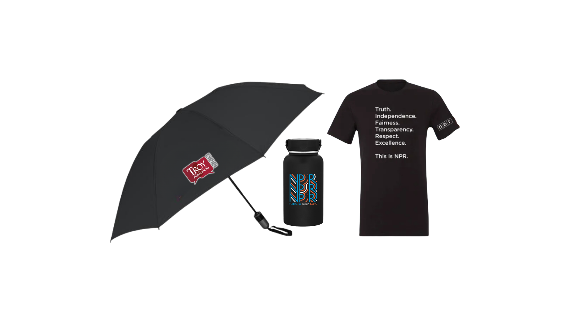 UMBRELLA, WATER BOTTLE AND T-SHIRT