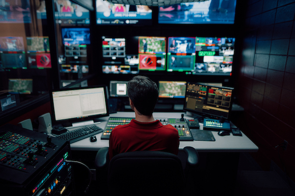 Video editing suite with multiple monitors and audio equipment at TROY's broadcast journalism studio.