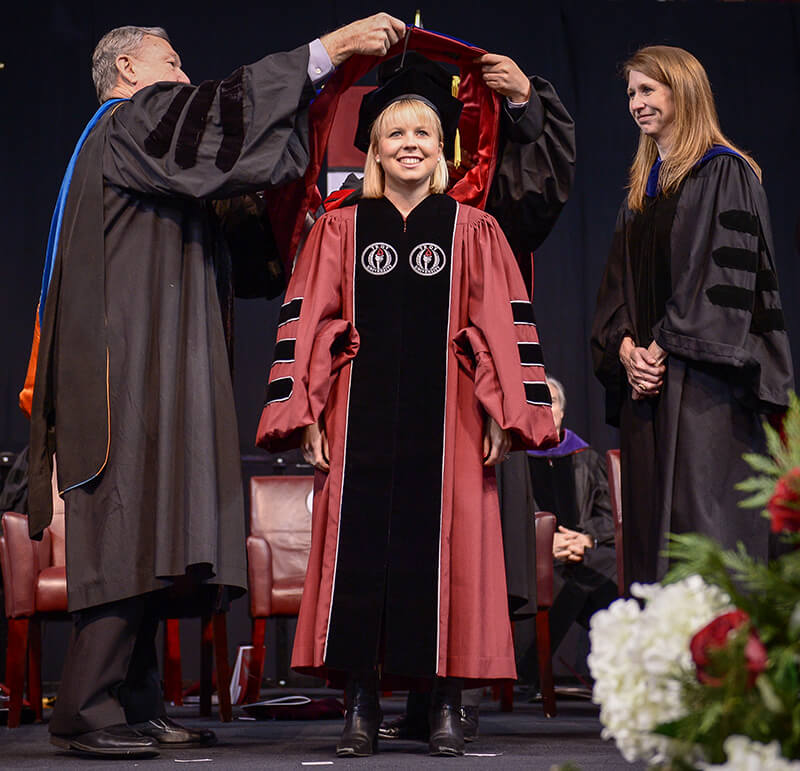 Sara Shoffner receiving the first Doctor of Philosophy degree in Sport Management.